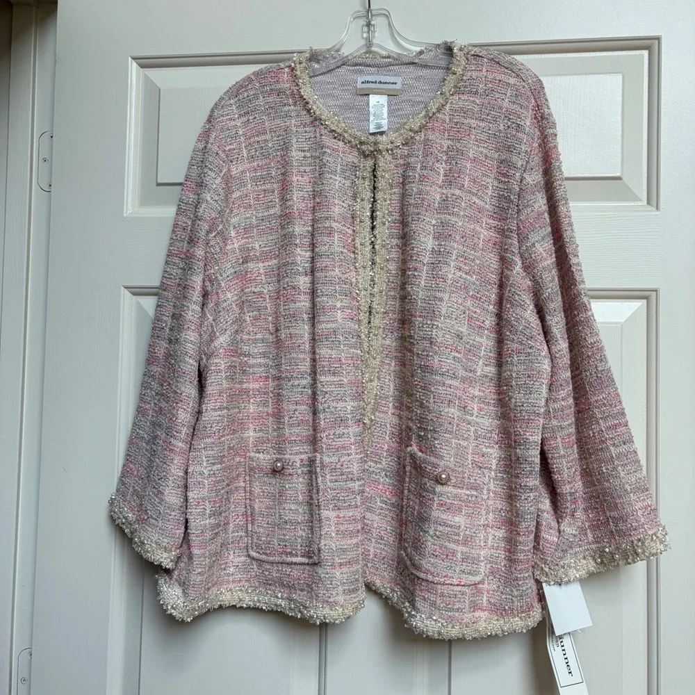 Alfred Dunner Woman 3X Magnolia Springs Pink Tweed Pearl Trim Cardigan Jacket